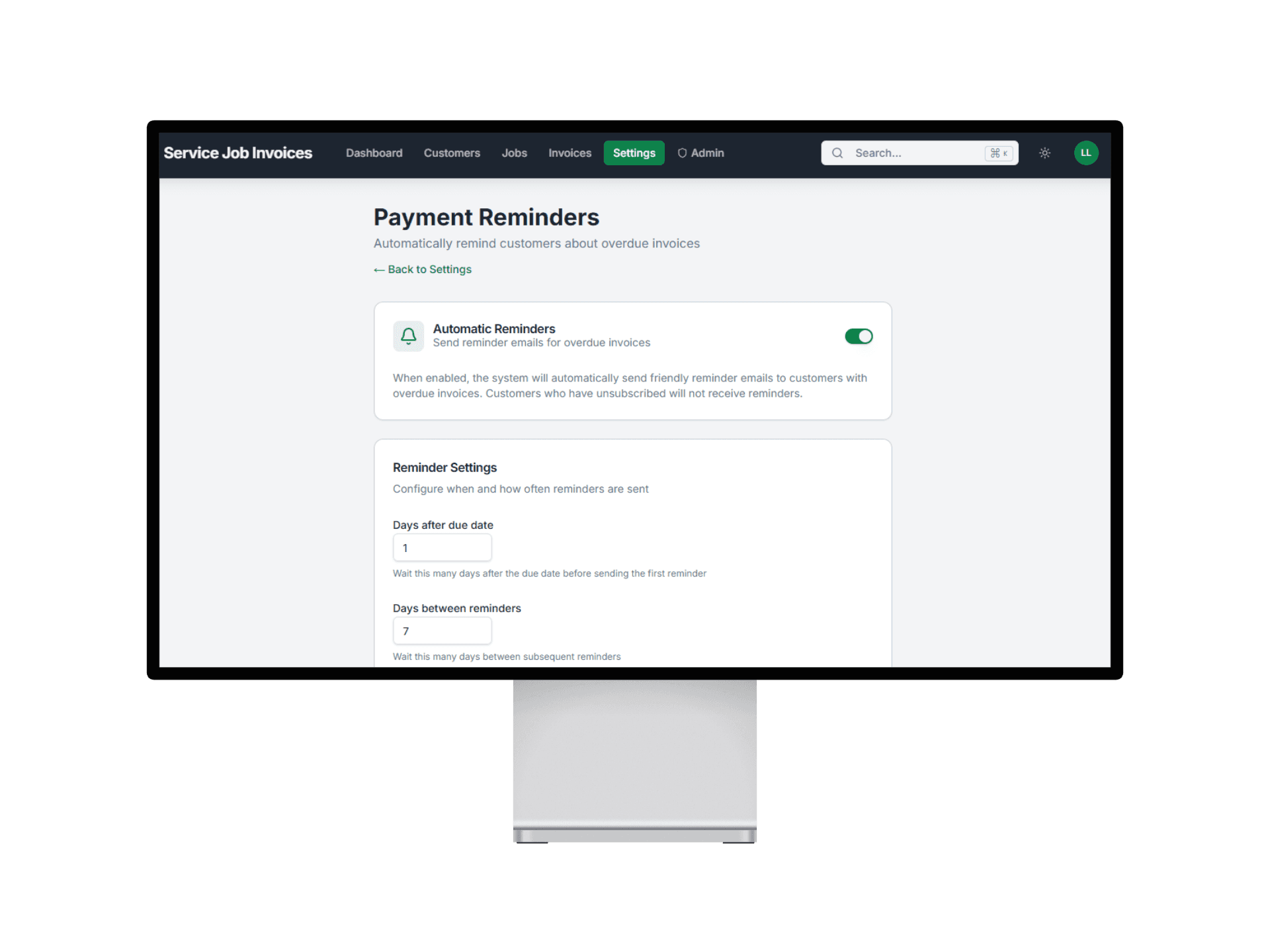 Service Invoice Pro automatic invoice reminders screen