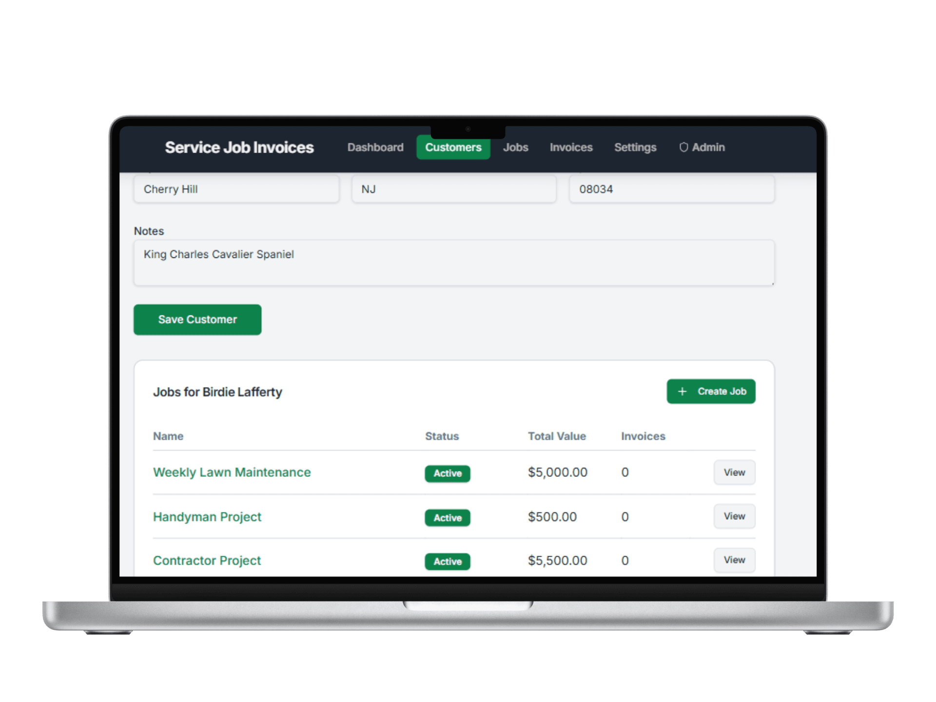 Service Invoice Pro customer portal invoices screen