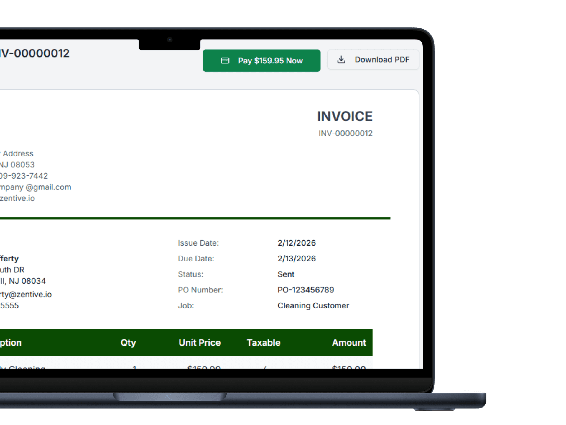 Service Invoice Pro online invoice payment screen