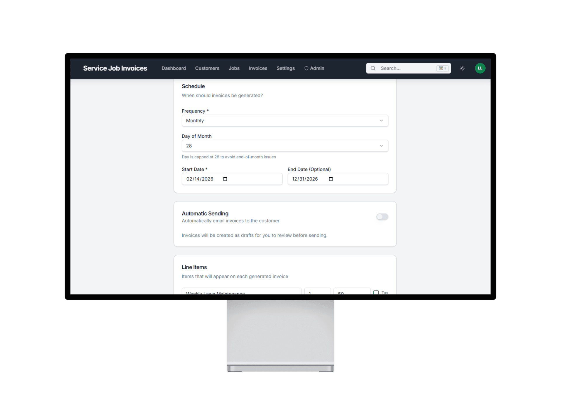 Service Invoice Pro recurring invoices screen