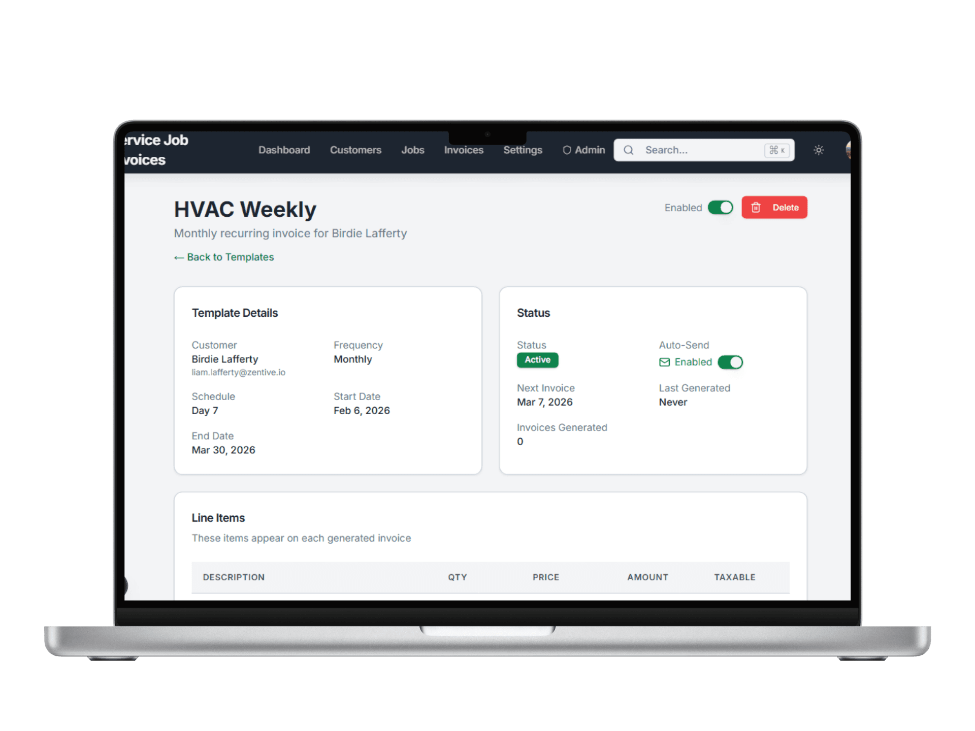 Flexible recurring invoice schedules screen