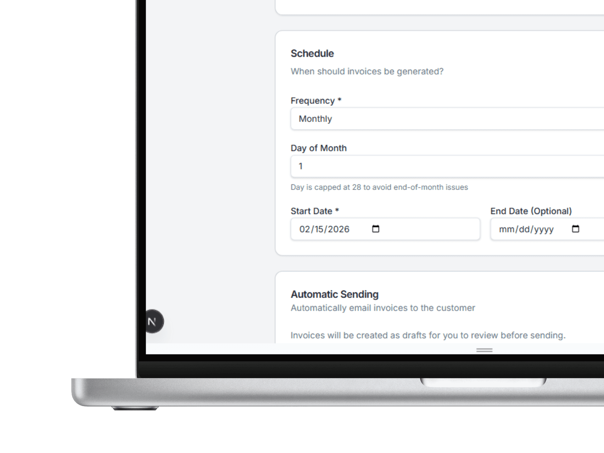 Recurring billing step 2 set recurring invoice schedule