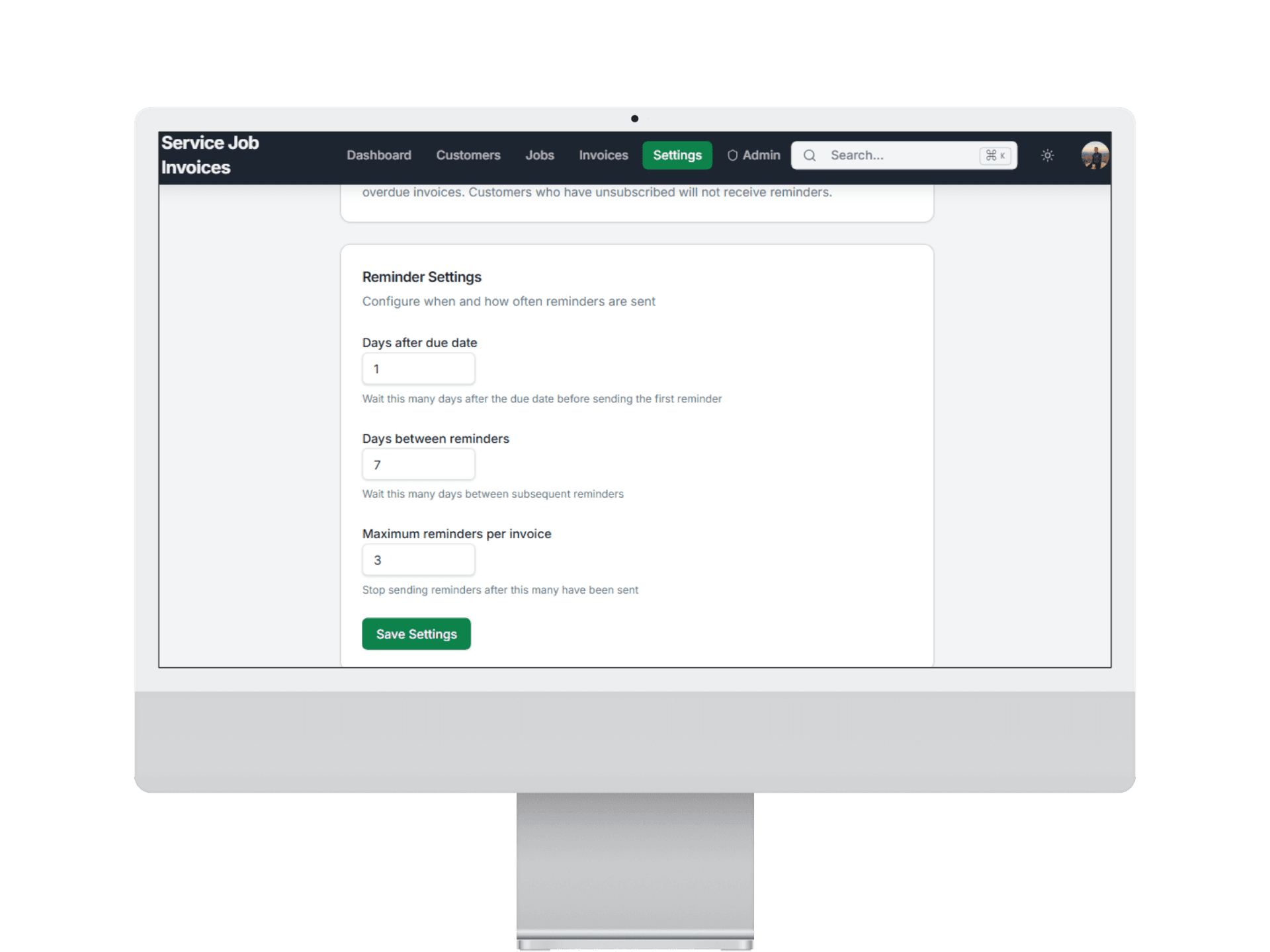 Customizable invoice reminder timing settings