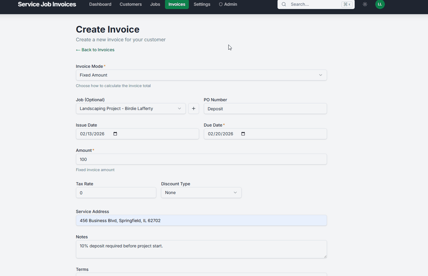 Landscaping invoice workflow preview in Service Invoice Pro